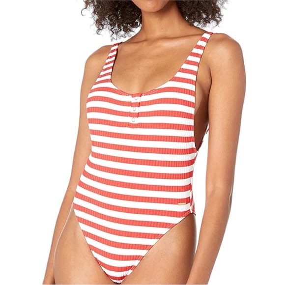 Roxy Other - ROXY Hello July one piece red white stripes swimsuit high cut cheeky bottom NWT